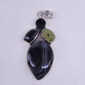 Elegant Black Agate, Prehnite & Onyx Pendant with 20" Sterling Silver Chain